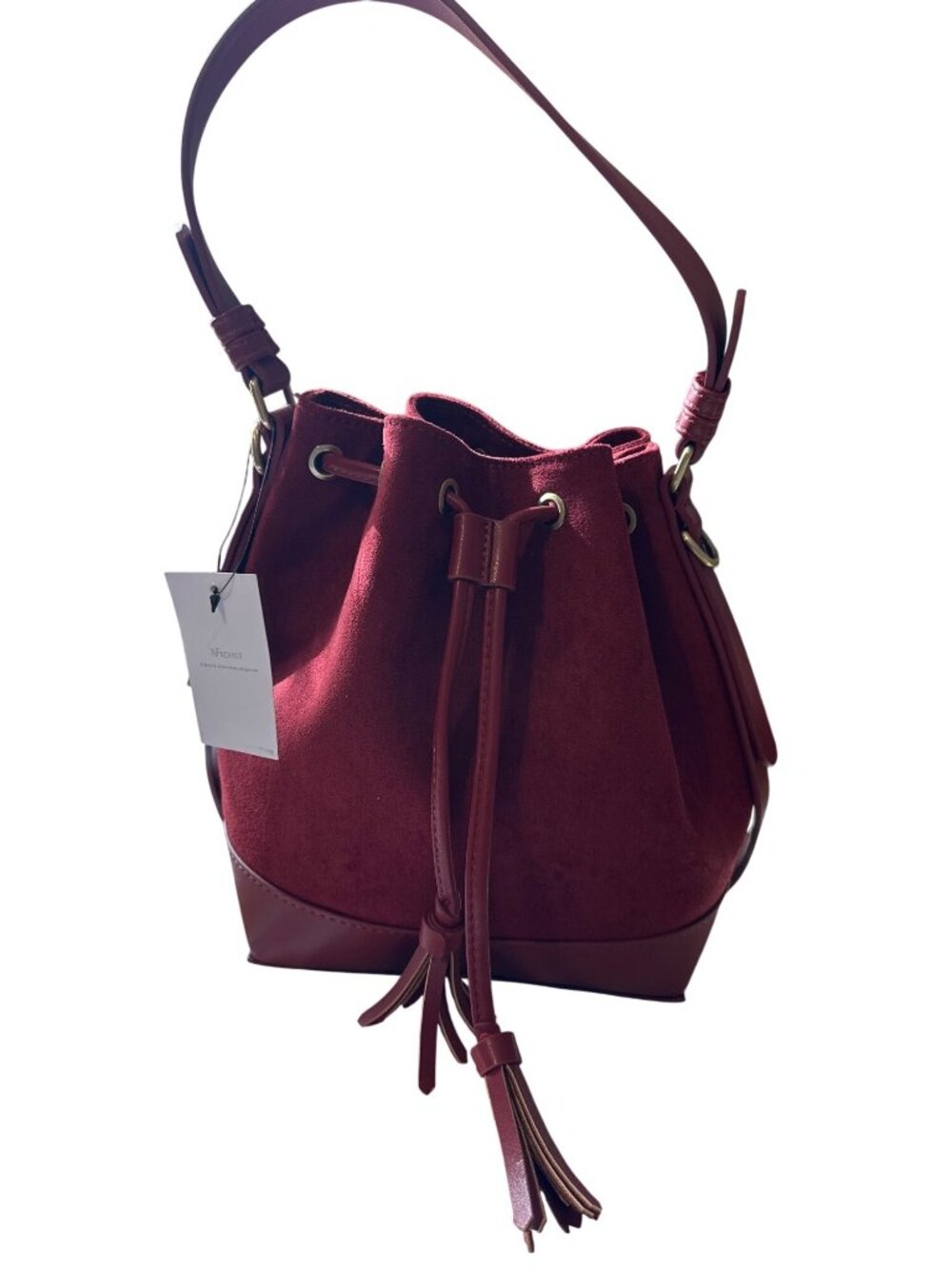 Burgundy Suede Leather Bucket Bag With Tassel Drawstring & Adjustable Strap